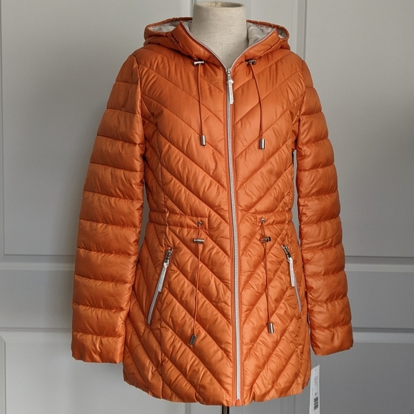 French Connection Jacket Hood Lightweight Chevron Quilted Packable Orange S NWT - Picture 1 of 16